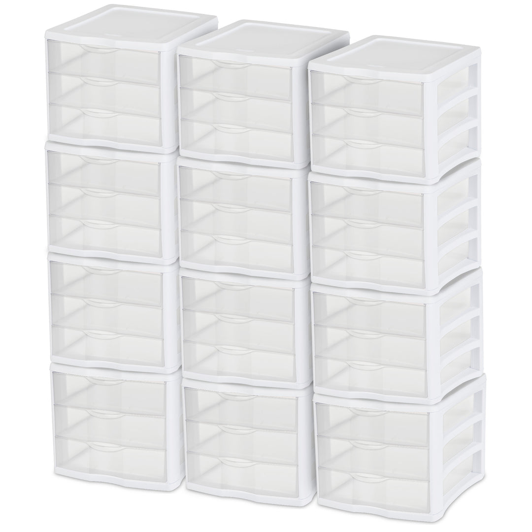 Sterilite ClearView Compact Stacking 3 Drawer Storage Organizer System, 12 Pack