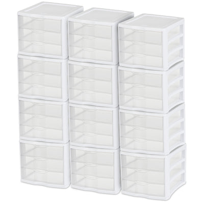 Sterilite ClearView Compact Stacking 3 Drawer Storage Organizer System, 12 Pack