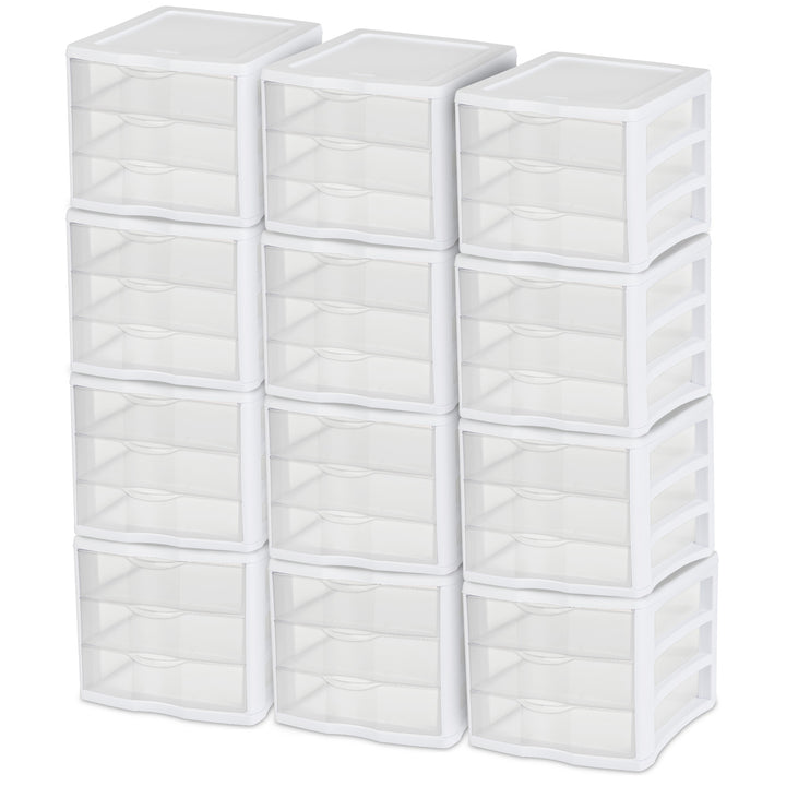 Sterilite ClearView Compact Stacking 3 Drawer Storage Organizer System, 12 Pack