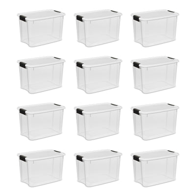 Sterilite 30 Qt Clear Plastic Stackable Storage Bin w/White Latch Lid, (12 Pack)