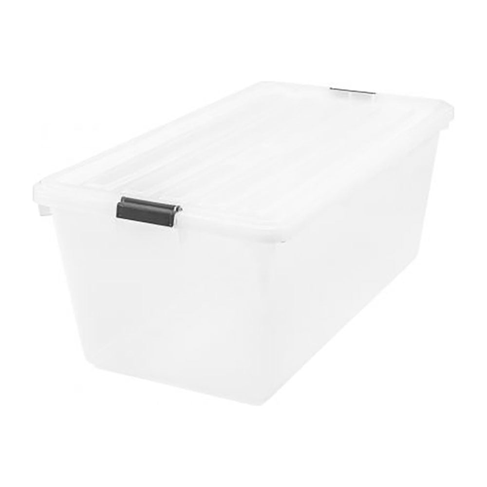 IRIS Large 91 Qt Buckle Down Storage Caddy Bin Tote Container w/ Snap Lid, Clear