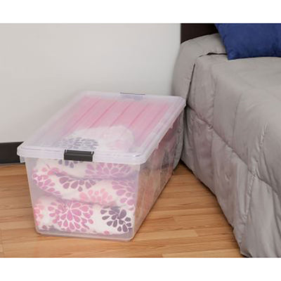 IRIS Large 91 Qt Buckle Down Storage Caddy Bin Tote Container w/ Snap Lid, Clear