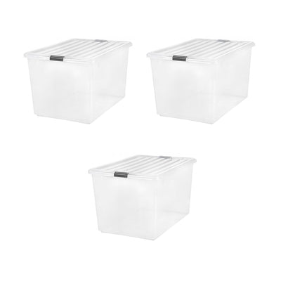 IRIS Large 132 Qt Buckle Down Snap Handle Storage Caddy Bin Tote w/ Lid, Clear (3 Pack)