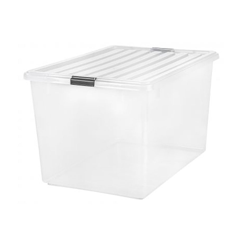 IRIS Large 132 Qt Buckle Down Snap Handle Storage Caddy Bin Tote w/ Lid, Clear (2 Pack)
