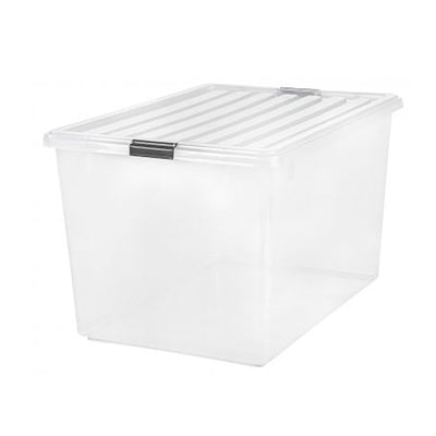IRIS Large 132 Qt Buckle Down Snap Handle Storage Caddy Bin Tote w/ Lid, Clear (2 Pack)