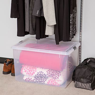 IRIS Large 132 Qt Buckle Down Snap Handle Storage Caddy Bin Tote w/ Lid, Clear (3 Pack)