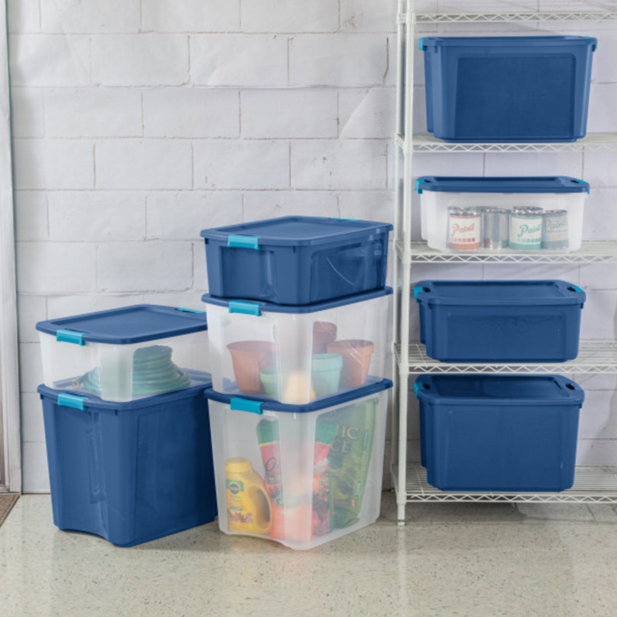 Sterilite 12 Gal Latch and Carry Stackable Storage Bin with Latching Lid, 6 Pack