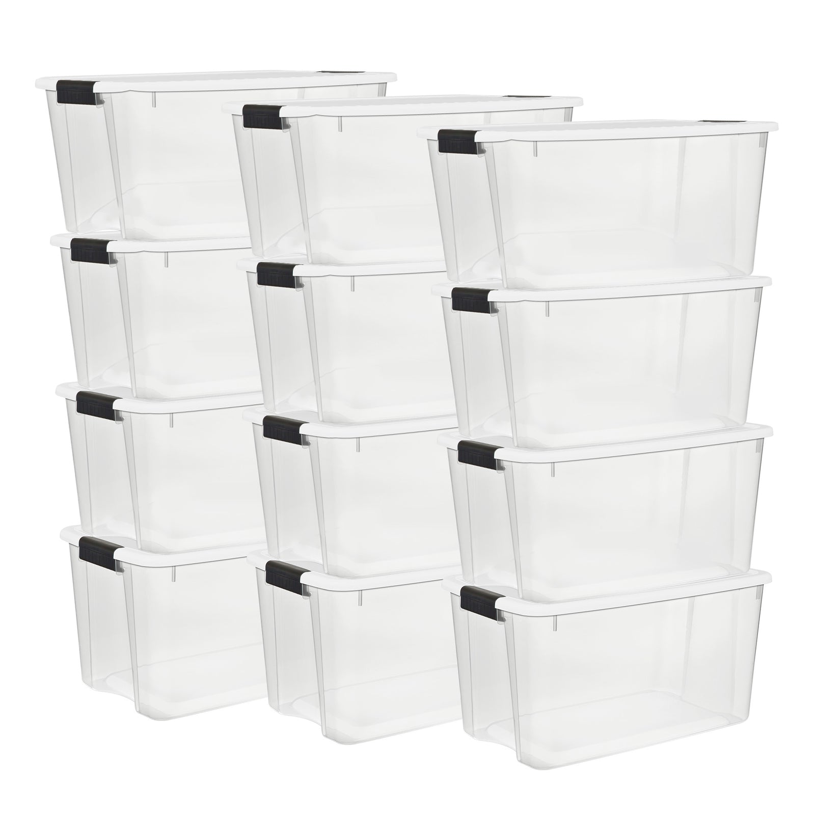 Sterilite 70 Qt Clear Plastic Stackable Storage Bin w/ White Latch Lid, 12 Pack - VMInnovations
