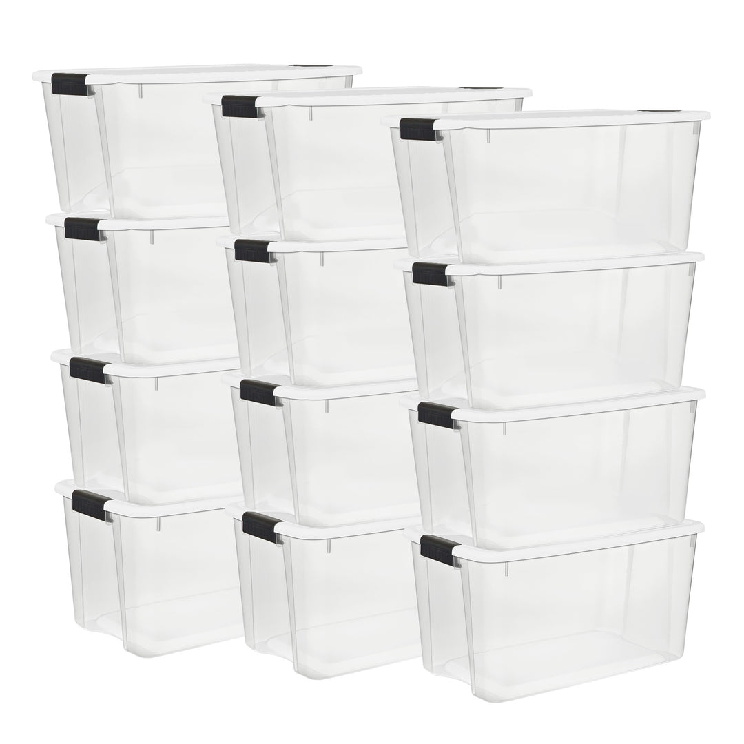 Sterilite 70 Qt Clear Plastic Stackable Storage Bin w/ White Latch Lid, 12 Pack
