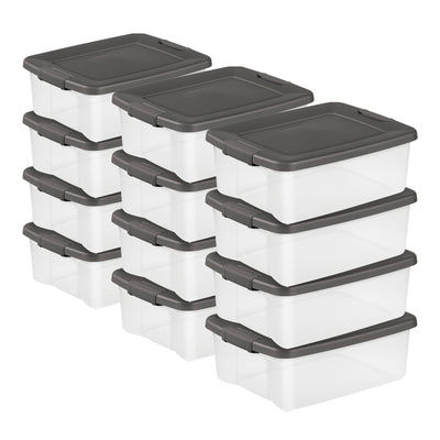 Sterilite 25 Quart Shelf Tote with Flat Gray Lid and Platinum Latches (12 Pack) - VMInnovations