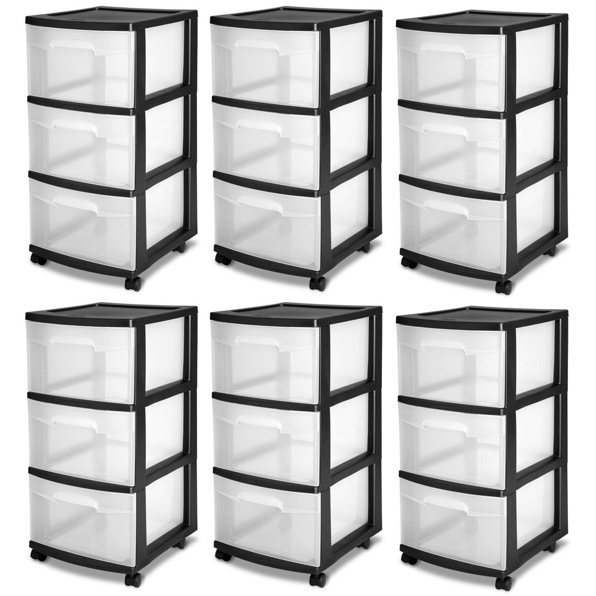 Sterilite 3 Drawer Plastic Rolling Storage Cart, Clear with Black Frame (6-Pack) - VMInnovations