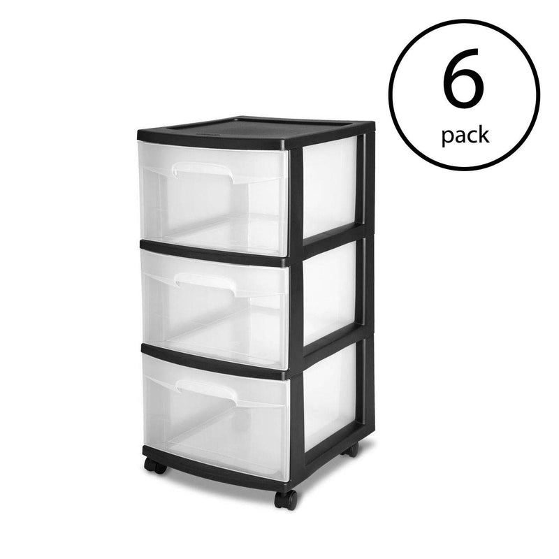 Sterilite 3 Drawer Storage Cart with Clear Drawers and Black Frame (6 Pack) - VMInnovations