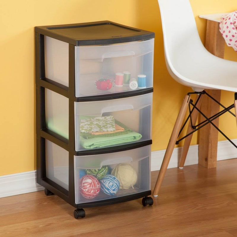 Sterilite 3 Drawer Storage Cart with Clear Drawers and Black Frame (6 Pack)