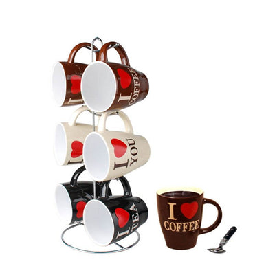 Home Basics 6 Piece I Love Coffee Tea Ceramic Mug Set with Chrome Steel Stand