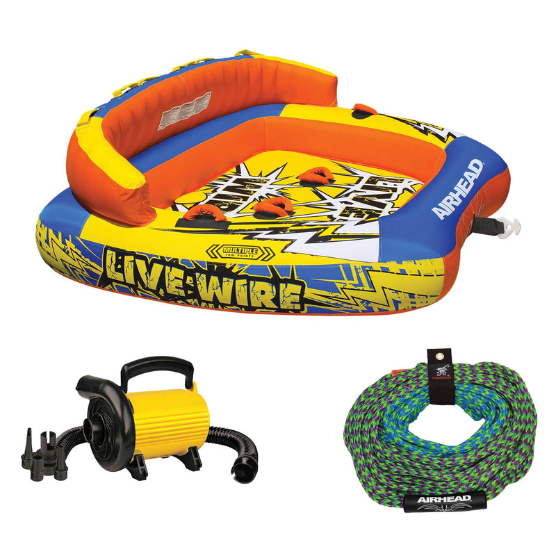 Airhead Live Wire 3 Inflatable 3 Rider Boat Towable Tube with Tow Rope and Pump