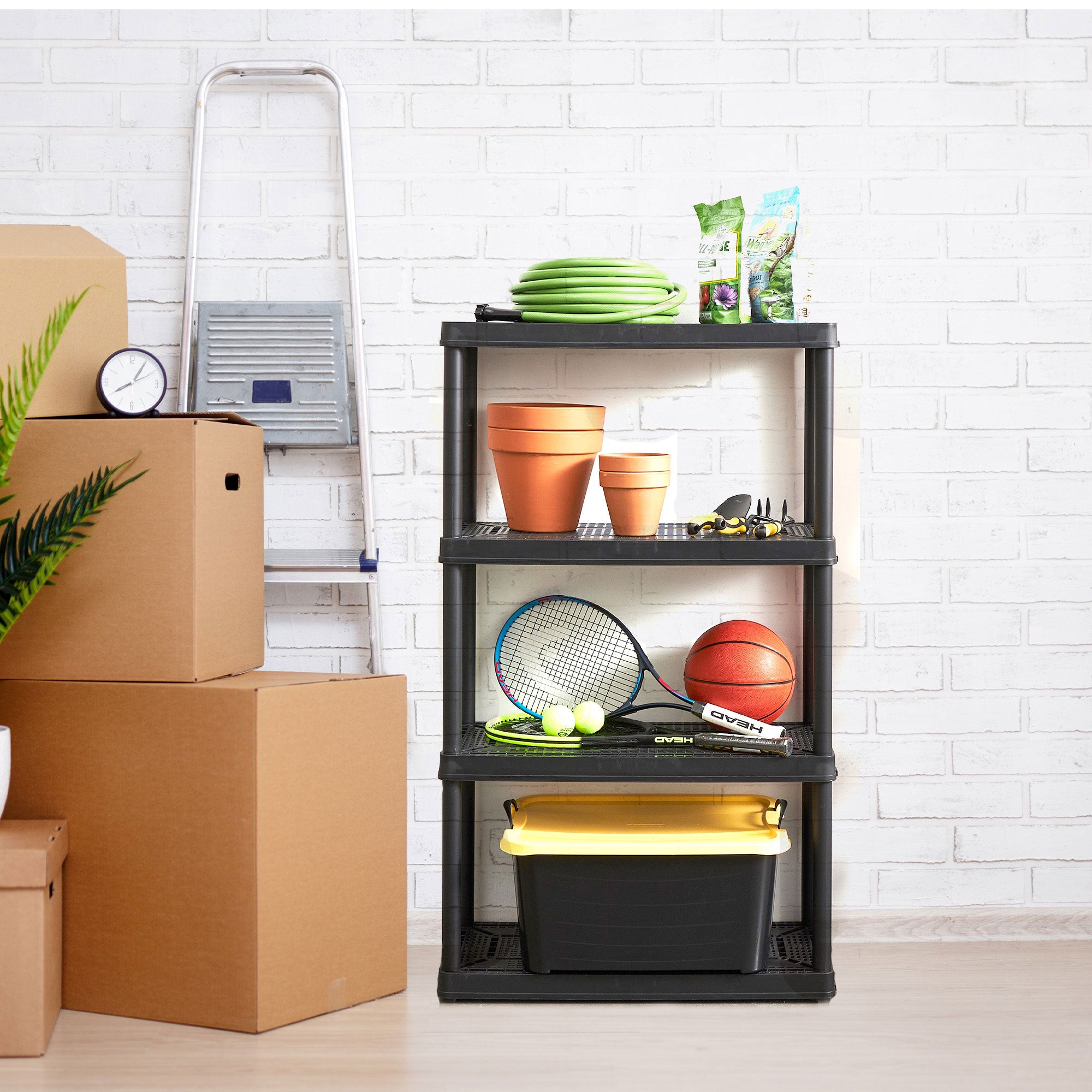Gracious Living 4-Shelf Resin Indoor Garage Storage Organizer Shelves, Black (Refurbished)