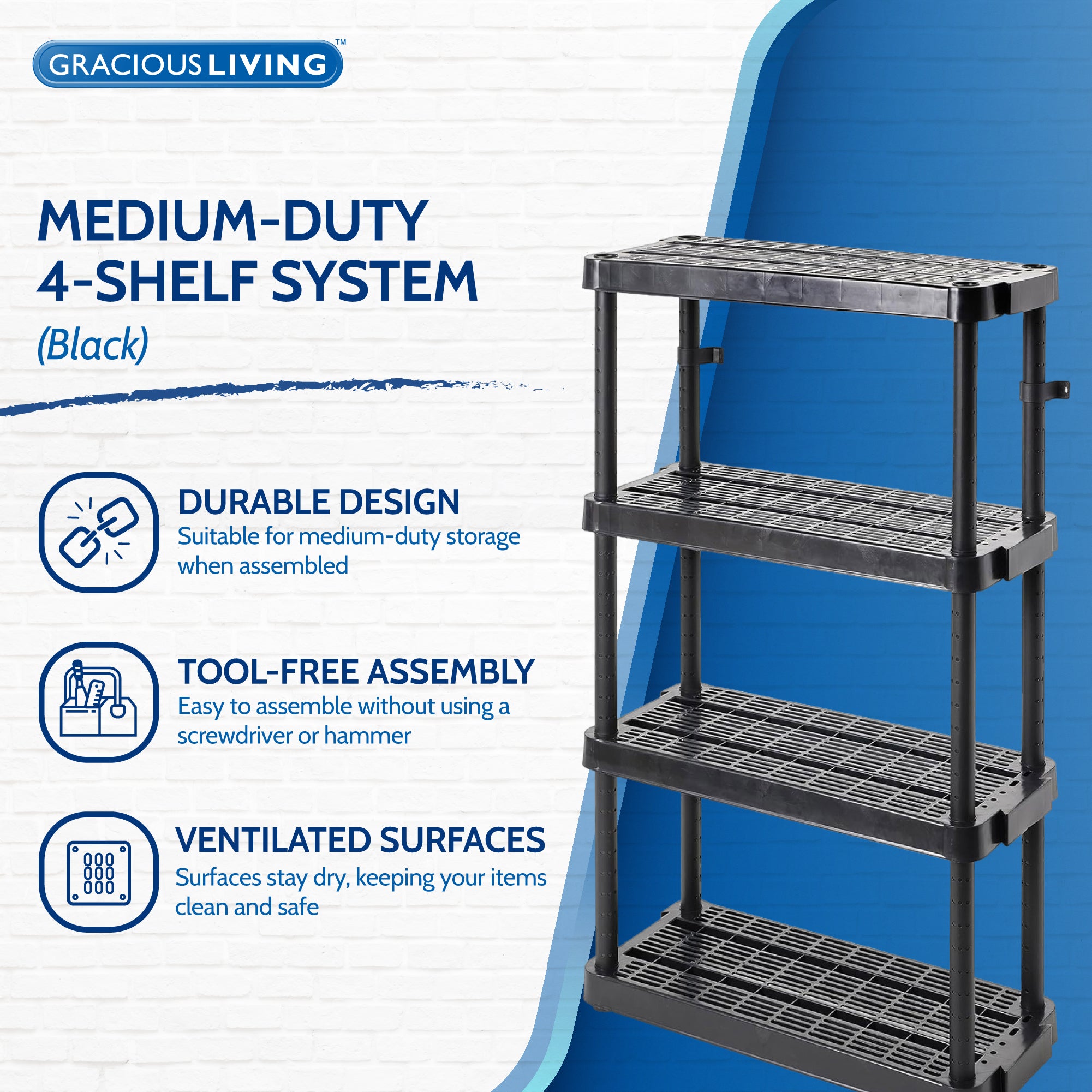 Gracious Living 4 Shelf Adjustable Height Ventilated Medium Duty Storage, Black