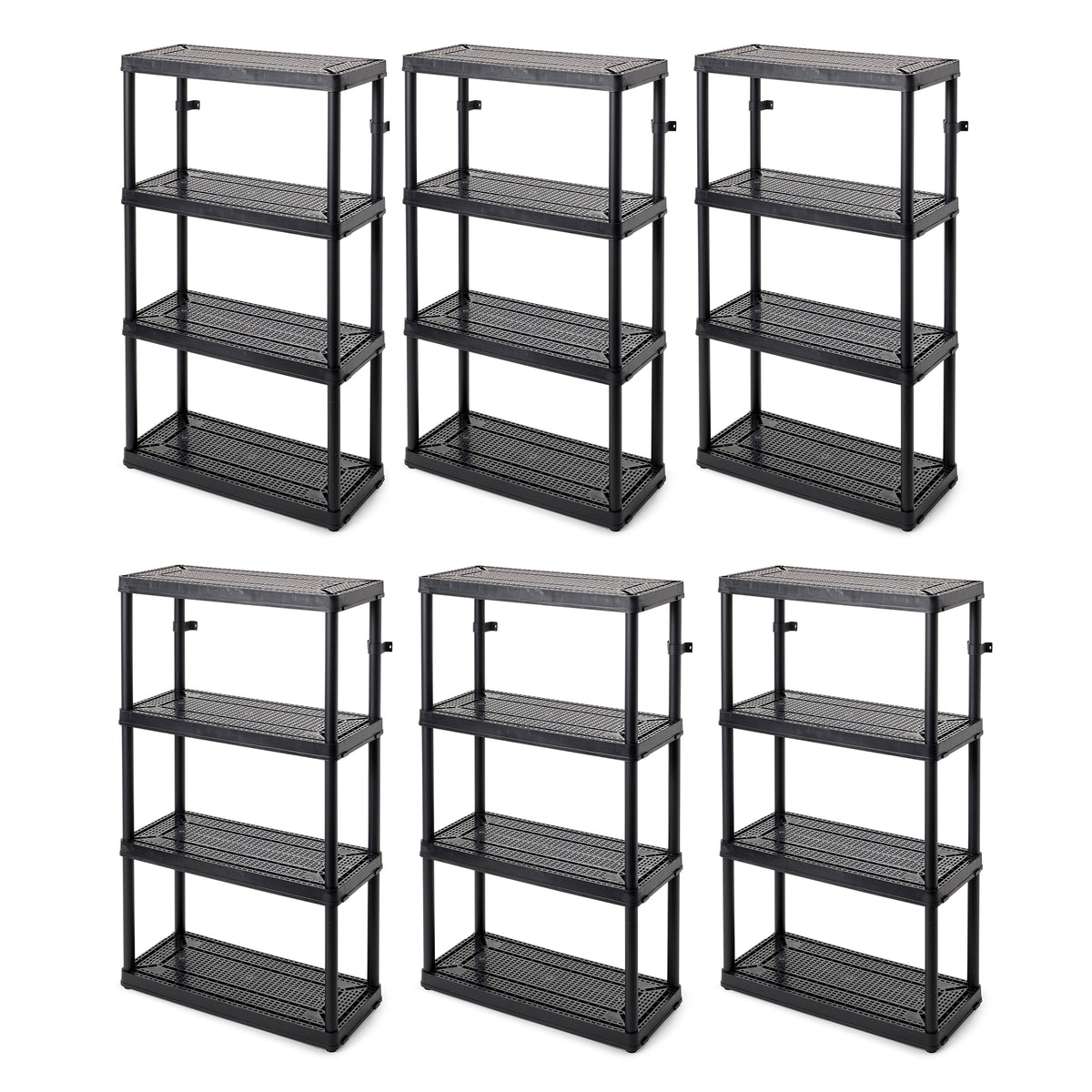 Gracious Living 4 Shelf Medium Resin Indoor Garage Storage Shelf, Black (6 Pack)