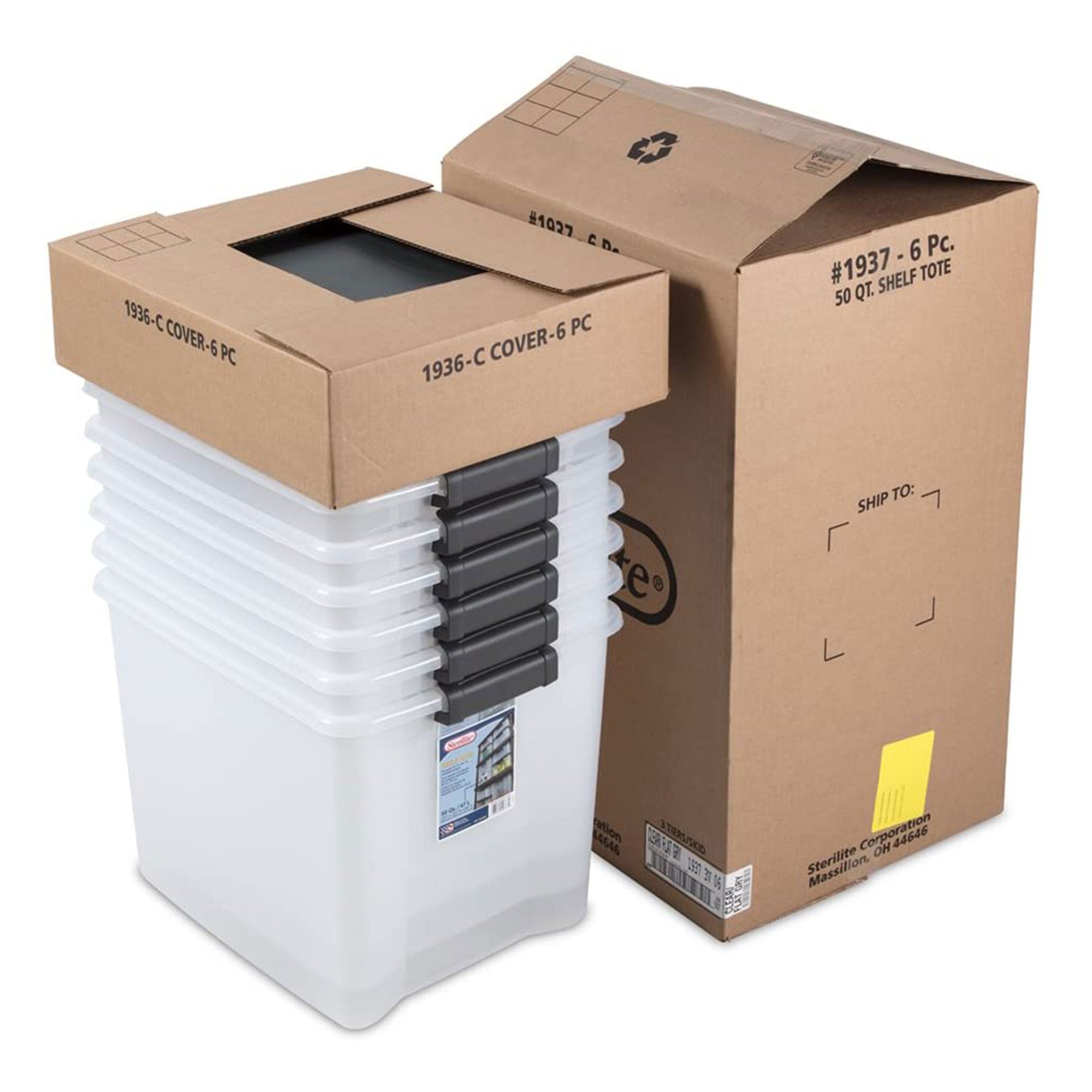 Sterilite ShelfTotes 50 Quart Clear Latched Plastic Storage Container, 36 Pack