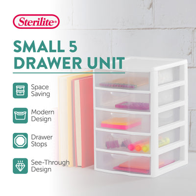 Sterilite Clearview Plastic Small 5 Drawer Desktop Storage Unit, White (12 Pack) - VMInnovations