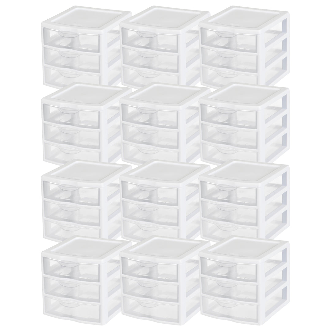 Sterilite ClearView Plastic Small 3 Drawer Desktop Storage Unit, White, 12 Pack