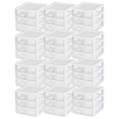 Sterilite ClearView Plastic Small 3 Drawer Desktop Storage Unit, White, 12 Pack