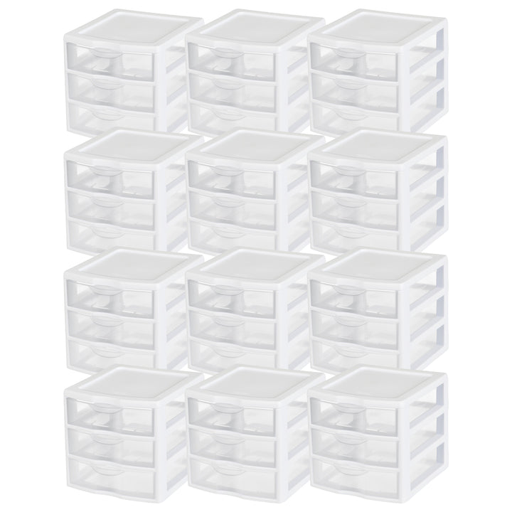 Sterilite ClearView Plastic Small 3 Drawer Desktop Storage Unit, White, 12 Pack