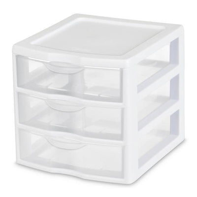 Sterilite ClearView Plastic Small 3 Drawer Desktop Storage Unit, White, 18 Pack