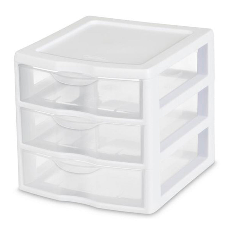 Sterilite ClearView Plastic Small 3 Drawer Desktop Storage Unit, White, 18 Pack