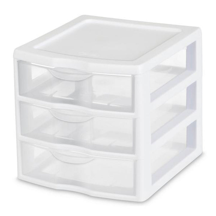 Sterilite ClearView Plastic Small 3 Drawer Desktop Storage Unit, White, 12 Pack