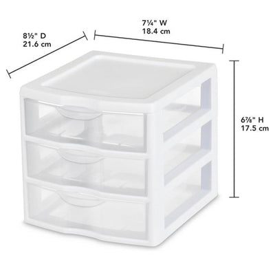 Sterilite ClearView Plastic Small 3 Drawer Desktop Storage Unit, White, 18 Pack