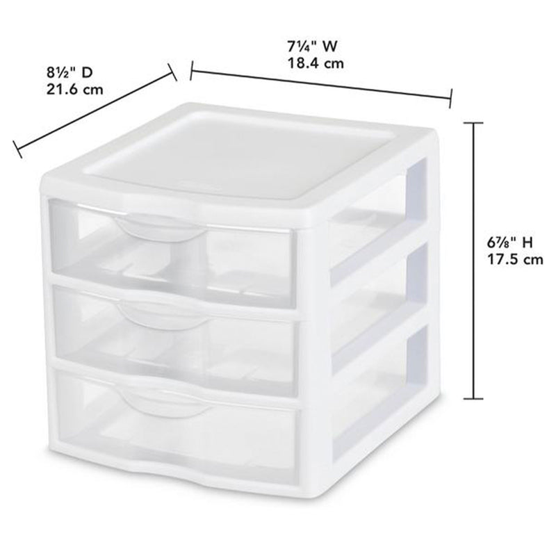 Sterilite ClearView Plastic Small 3 Drawer Desktop Storage Unit, White, 6 Pack