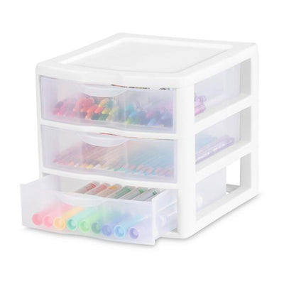 Sterilite ClearView Plastic Small 3 Drawer Desktop Storage Unit, White, 12 Pack