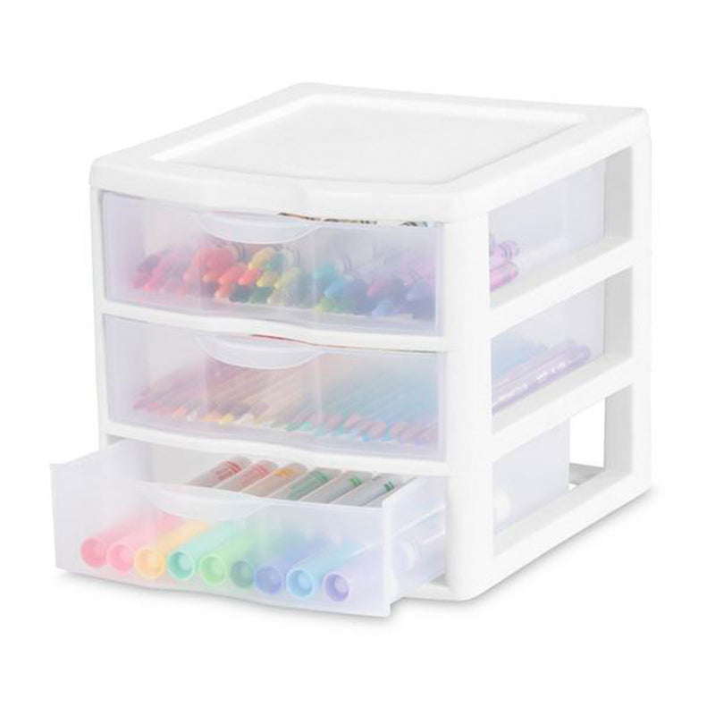 Sterilite ClearView Plastic Small 3 Drawer Desktop Storage Unit, White, 18 Pack