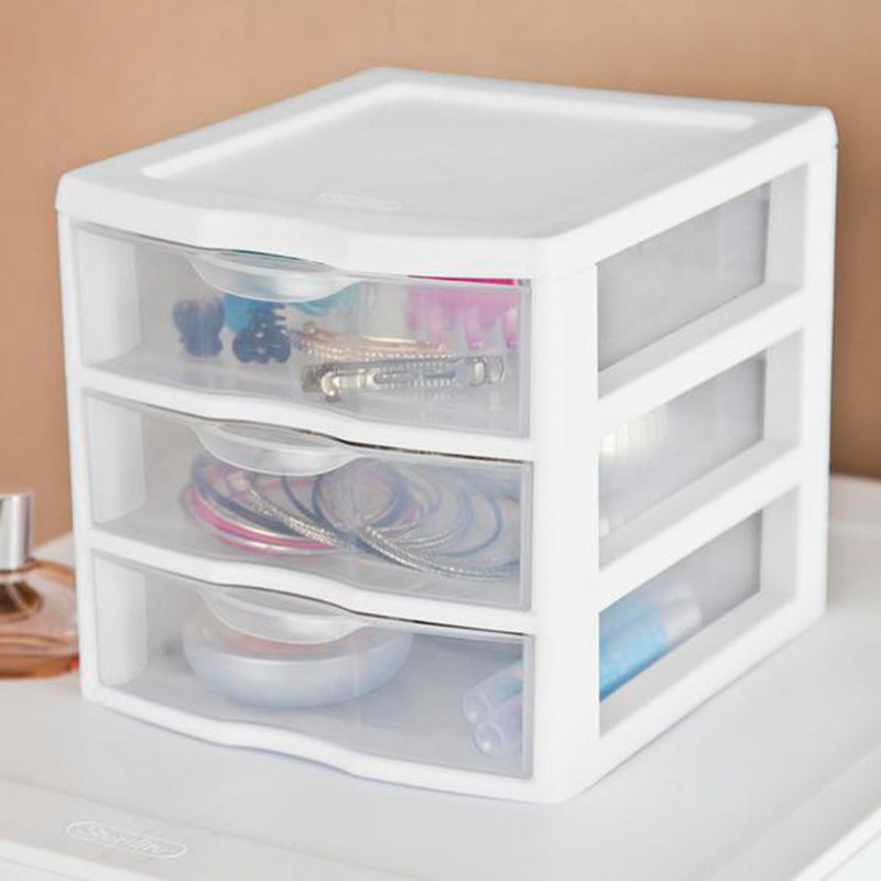 Sterilite ClearView Plastic Small 3 Drawer Desktop Storage Unit, White, 18 Pack