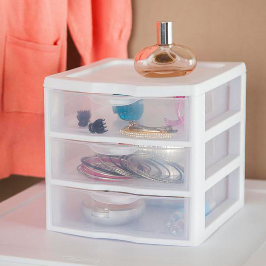 Sterilite ClearView Plastic Small 3 Drawer Desktop Storage Unit, White, 6 Pack