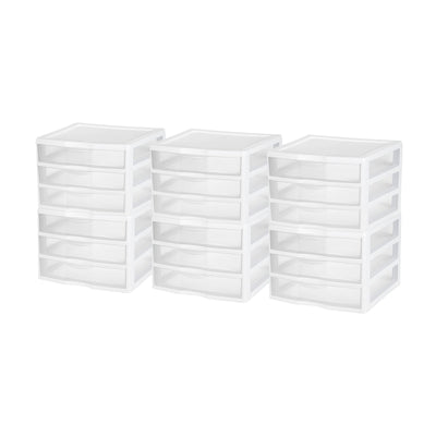 Sterilite Clear Plastic Stackable Small 3 Drawer Storage System, White, (6 Pack)