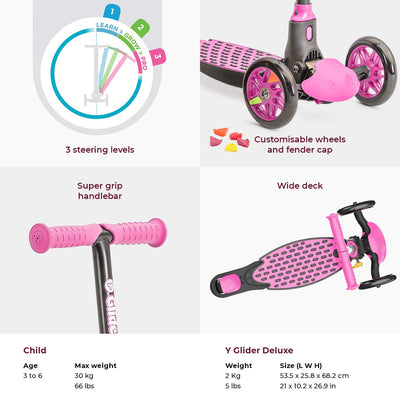 Yvolution Glider Deluxe Adjustable 3-Wheeled Scooter Youth Age 3 to 8, Pink