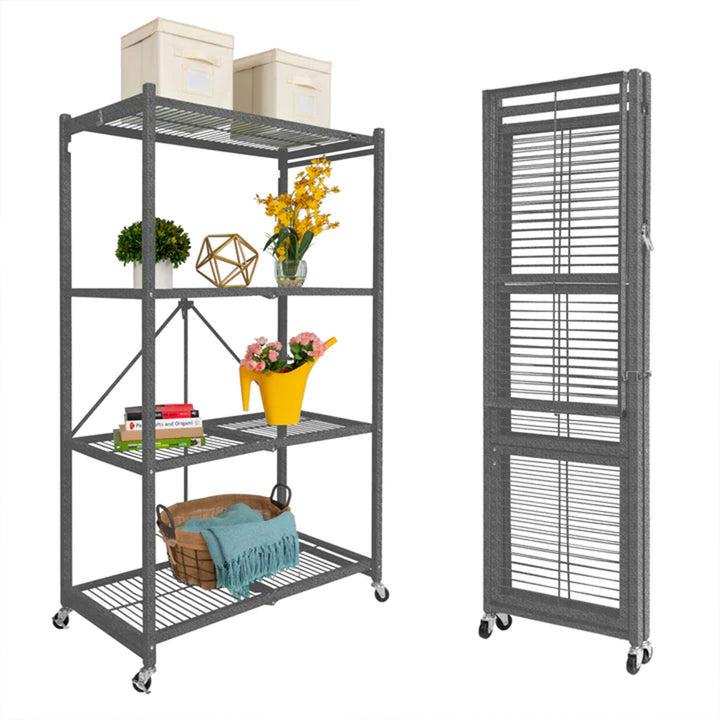 Origami 4 Tier Multipurpose Folding Storage Organizing Rack with Wheels, Gray