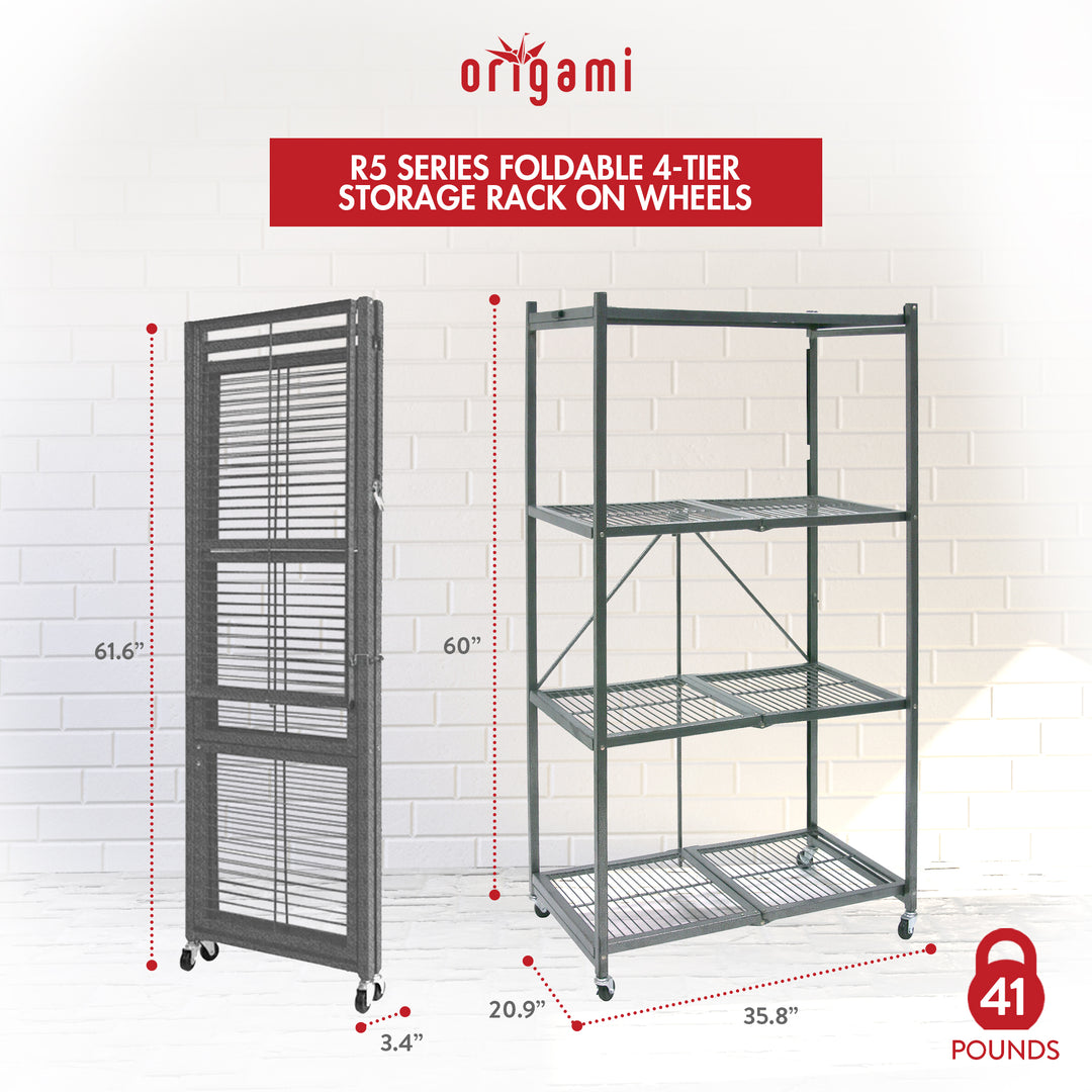 Origami 4 Tier Multipurpose Folding Storage Rack with Wheels, 3 Pack, Gray