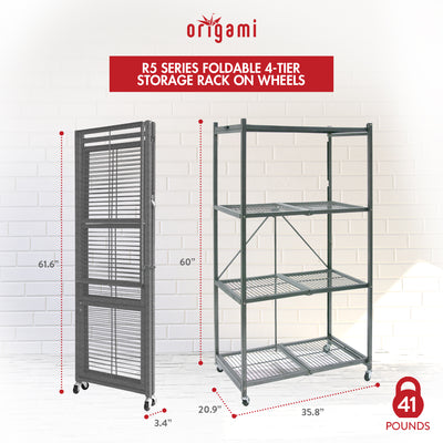 Origami 4 Tier Multipurpose Folding Storage Organizing Rack with Wheels, Gray