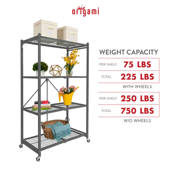 Origami 4 Tier Multipurpose Folding Storage Organizing Rack with Wheels, Gray