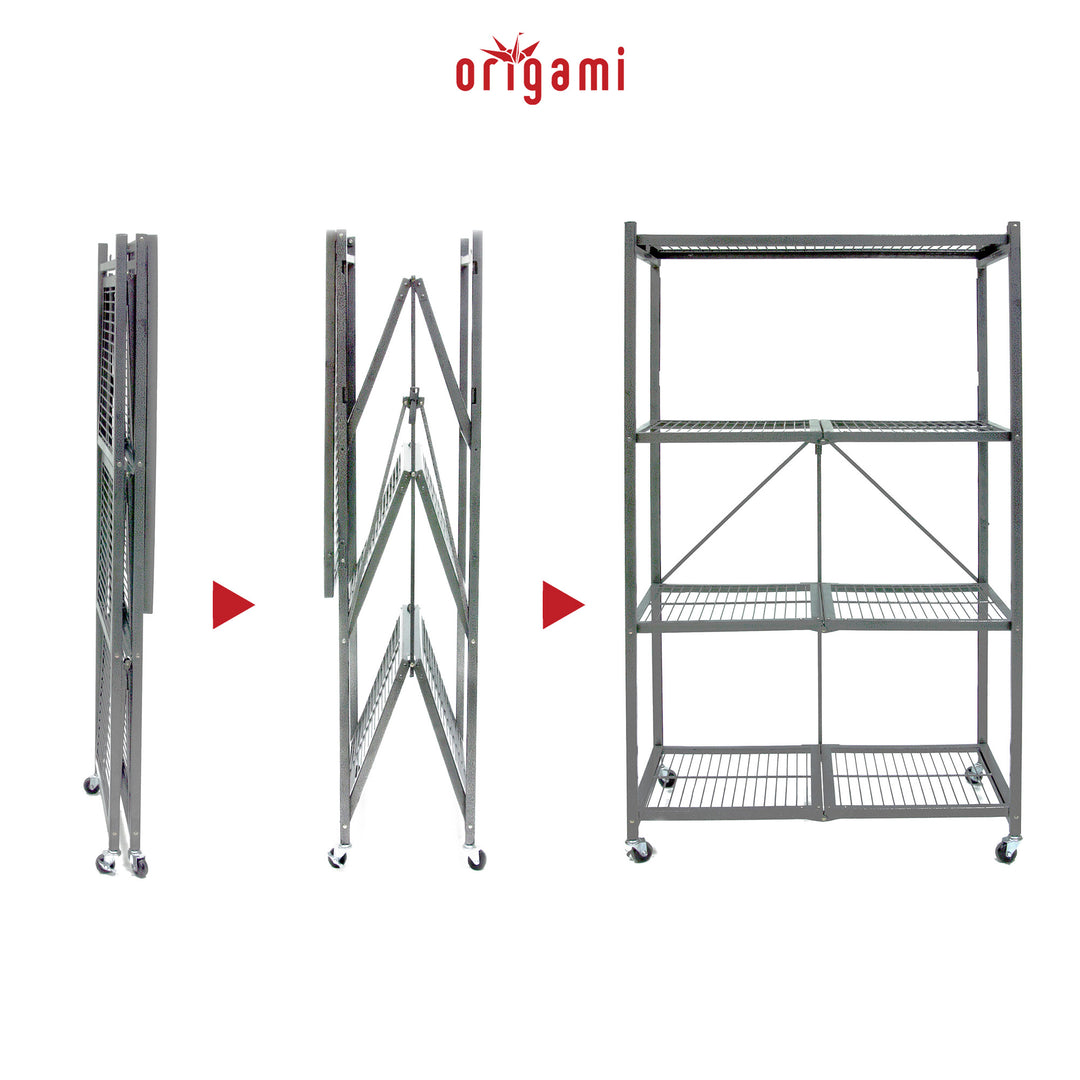 Origami 4 Tier Multipurpose Folding Storage Organizing Rack with Wheels, Gray