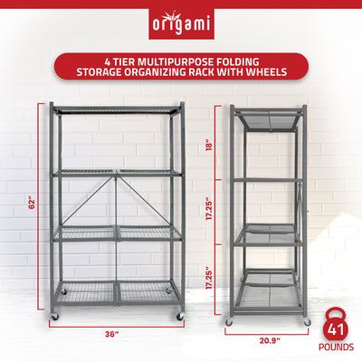 Origami 4 Tier Multipurpose Folding Storage Organizing Rack with Wheels (2 Pack) - VMInnovations