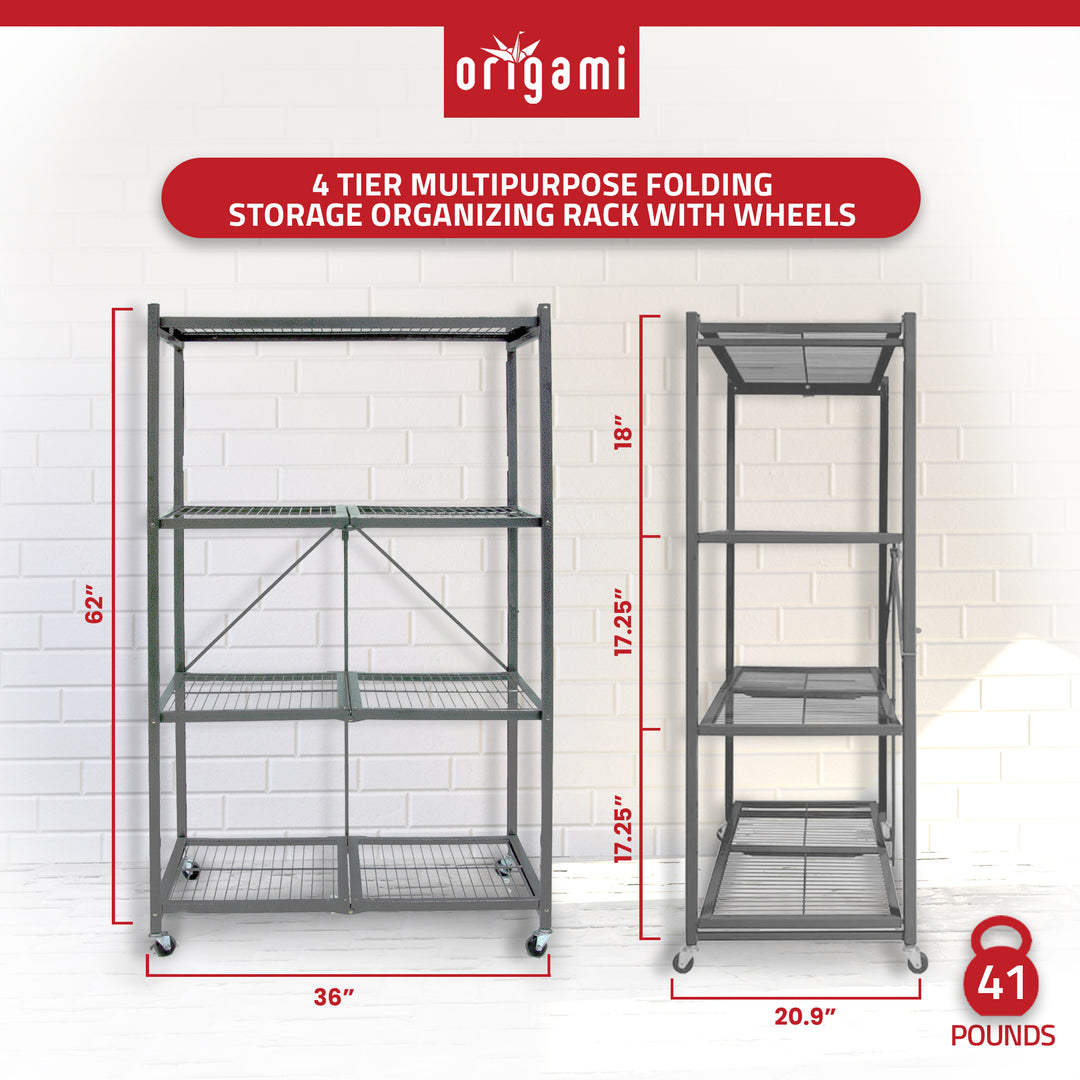 Origami 4 Tier Multipurpose Folding Storage Organizing Rack with Wheels (2 Pack)