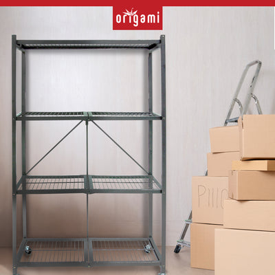 Origami 4 Tier Multipurpose Folding Storage Organizing Rack with Wheels, Gray