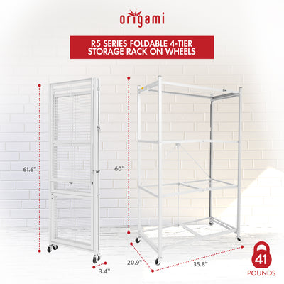 Origami Wheeled 4-Shelf Folding Steel Wire Shelving, White (Used) - VMInnovations