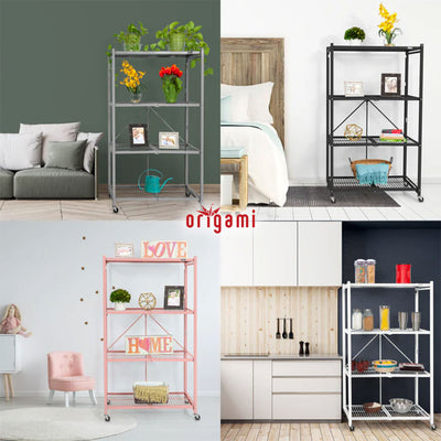 Origami Wheeled 4-Shelf Folding Steel Wire Shelving, White (Used) - VMInnovations