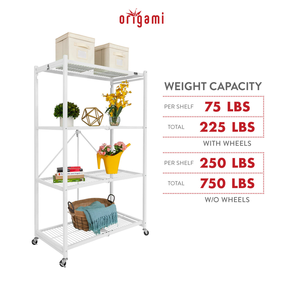 Origami Wheeled 4-Shelf Folding Steel Wire Shelving, White (21" x 36" x 60")