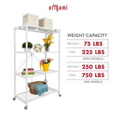 Origami Wheeled 4-Shelf Folding Steel Wire Shelving, White (Used) - VMInnovations
